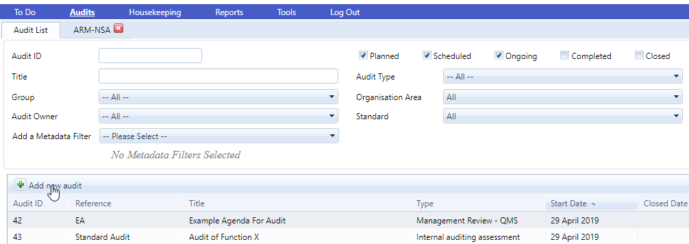 Audit Manager creating a supplier audit