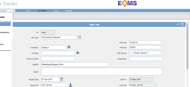 You can use the Job Tracker system to raise a marketing request in EQMS