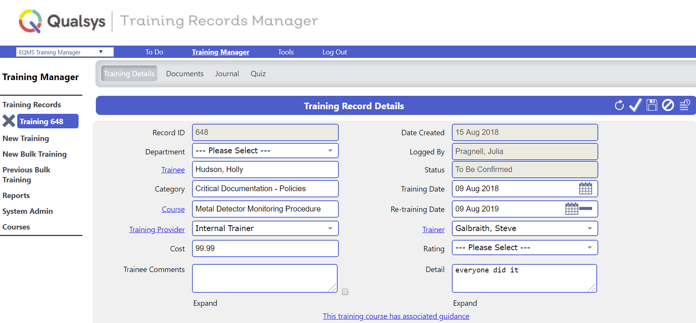 TRaining records manager software example
